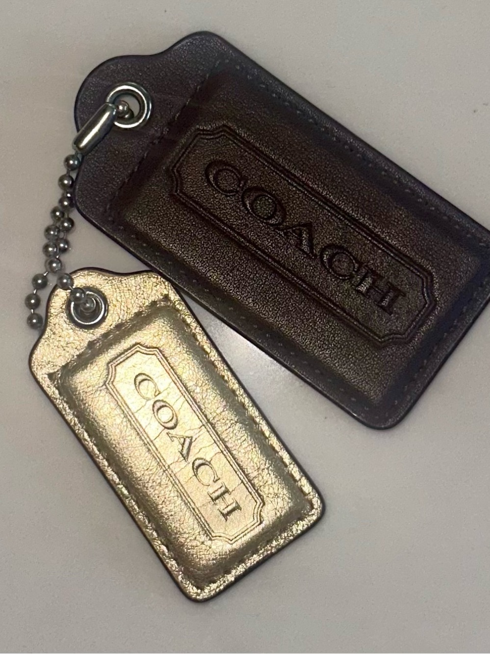 Coach Leather Key & Card Tags in Brown and Metallic Gold